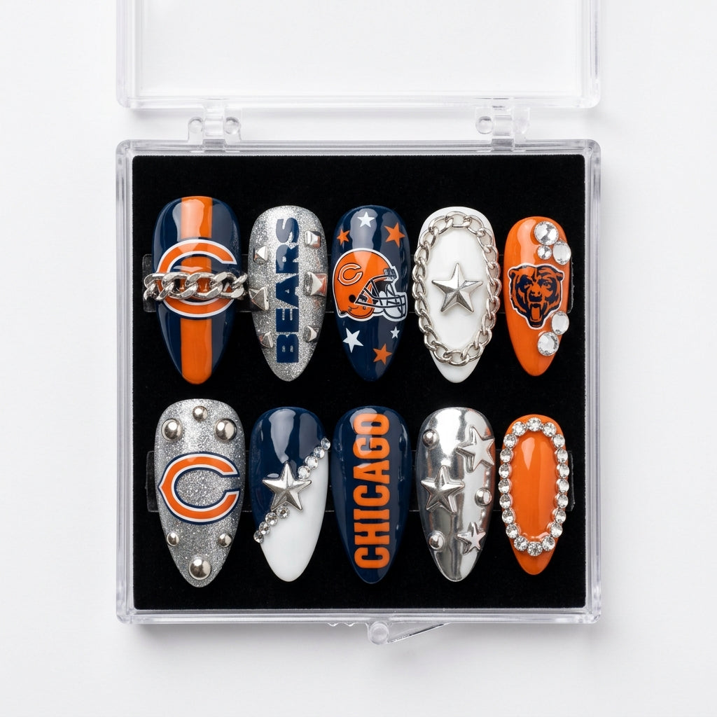 Chicago Bears Handmade Press On Nails | Reusable 3D Nail Set