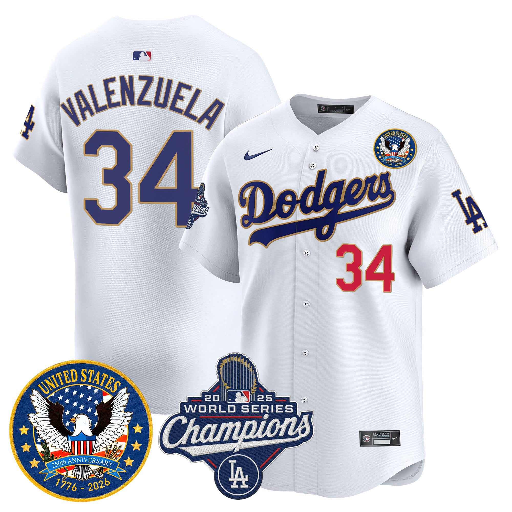 Men's Dodgers 2025 World Series Champions & America 250th Patch Vapor Premier Limited Jersey - All Stitched