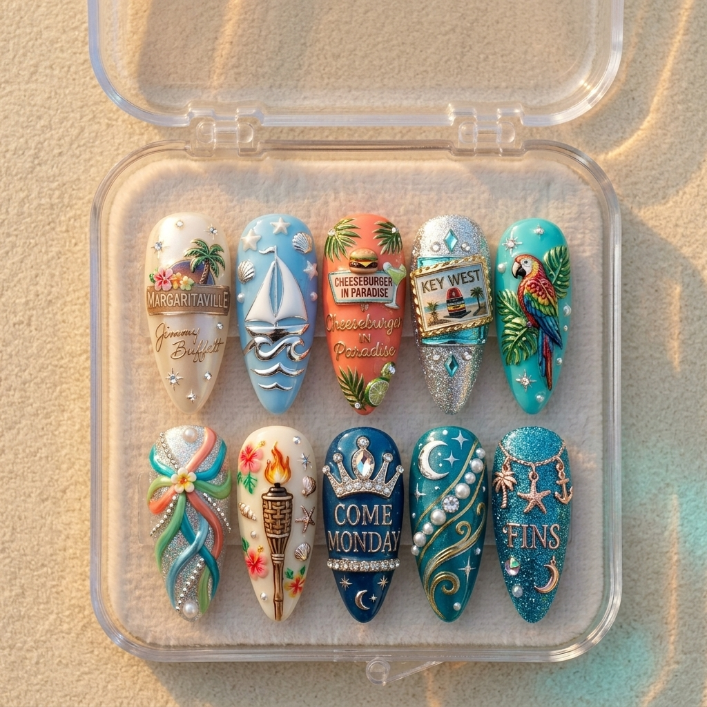 Jimmy Buffett Handmade Press On Nails | Reusable 3D Nail Set